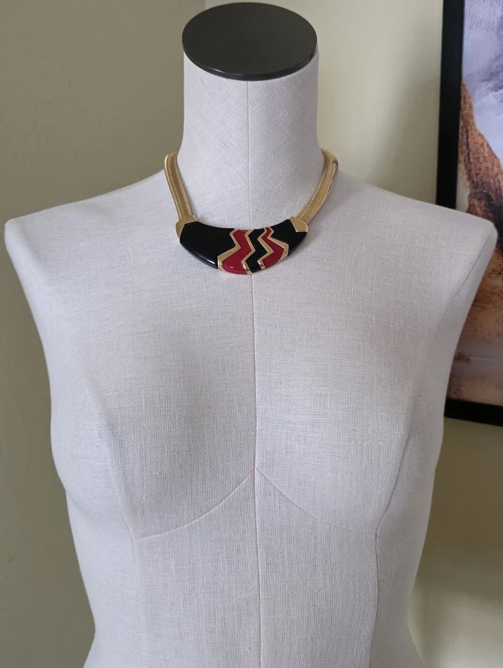 Vintage Napier Collar Necklace Gold Black & Red Enamel  Modernist Deco Choker